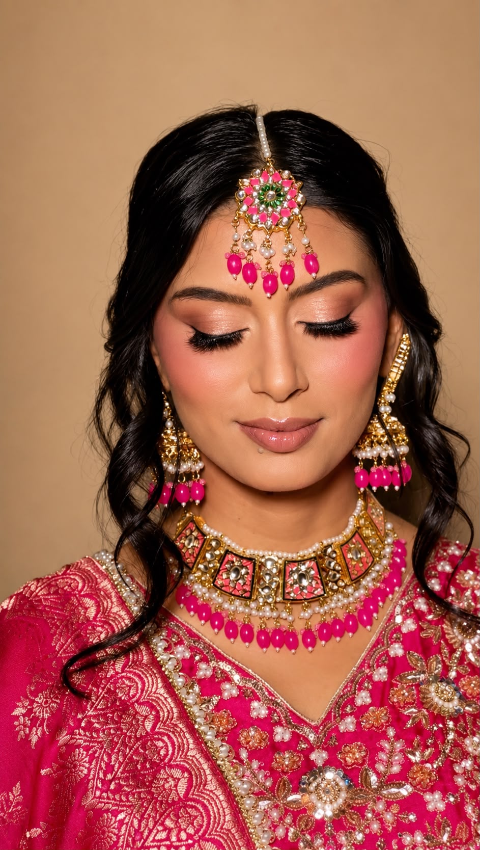 Pink bridal soft glam with pearl jhumkas