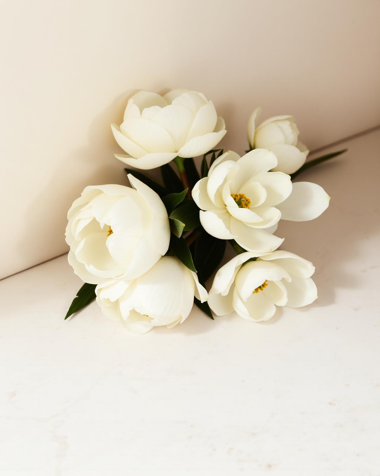 White peonies and magnolia on travertine