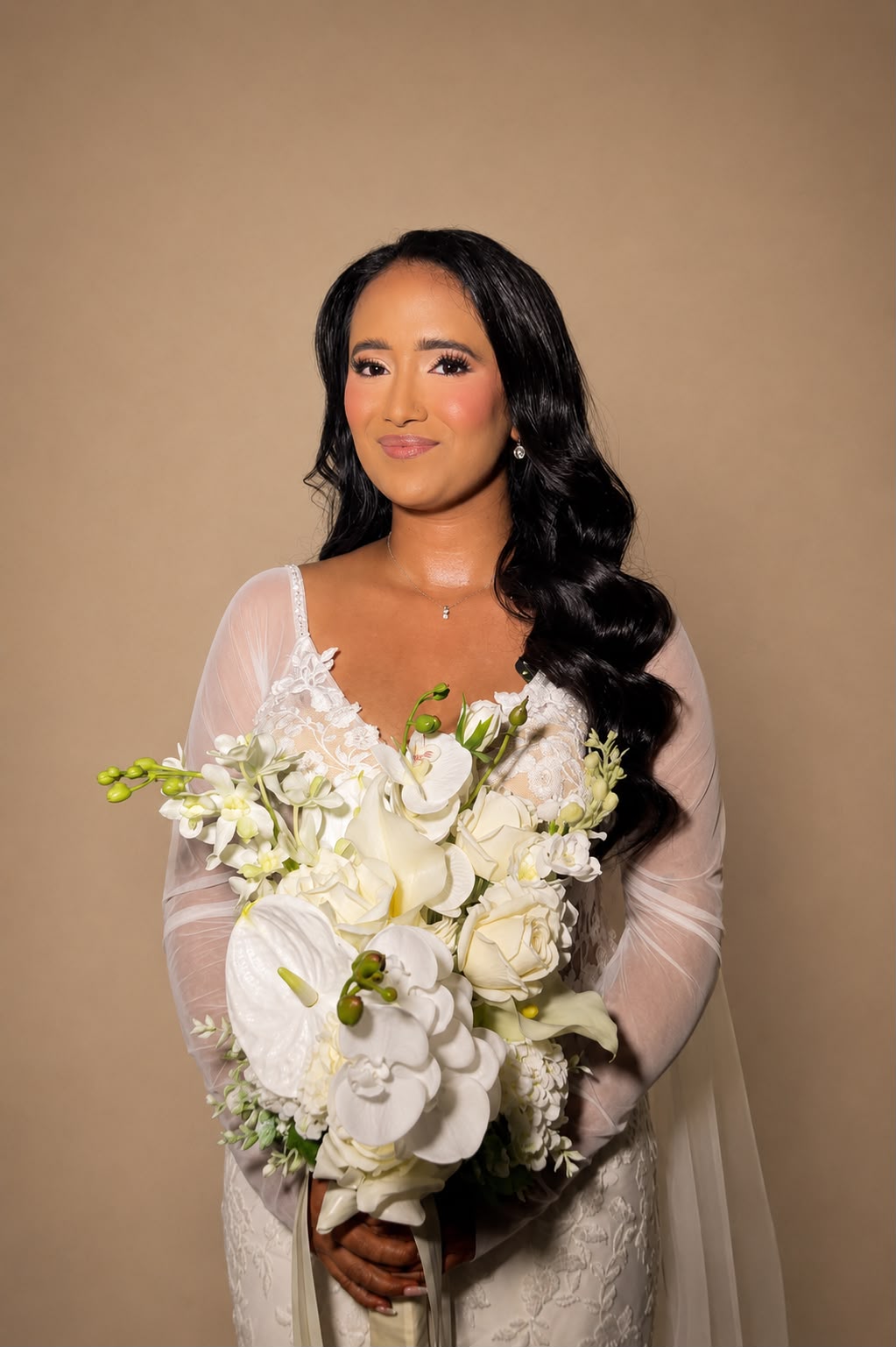 Modern bridal in white gown with bouquet