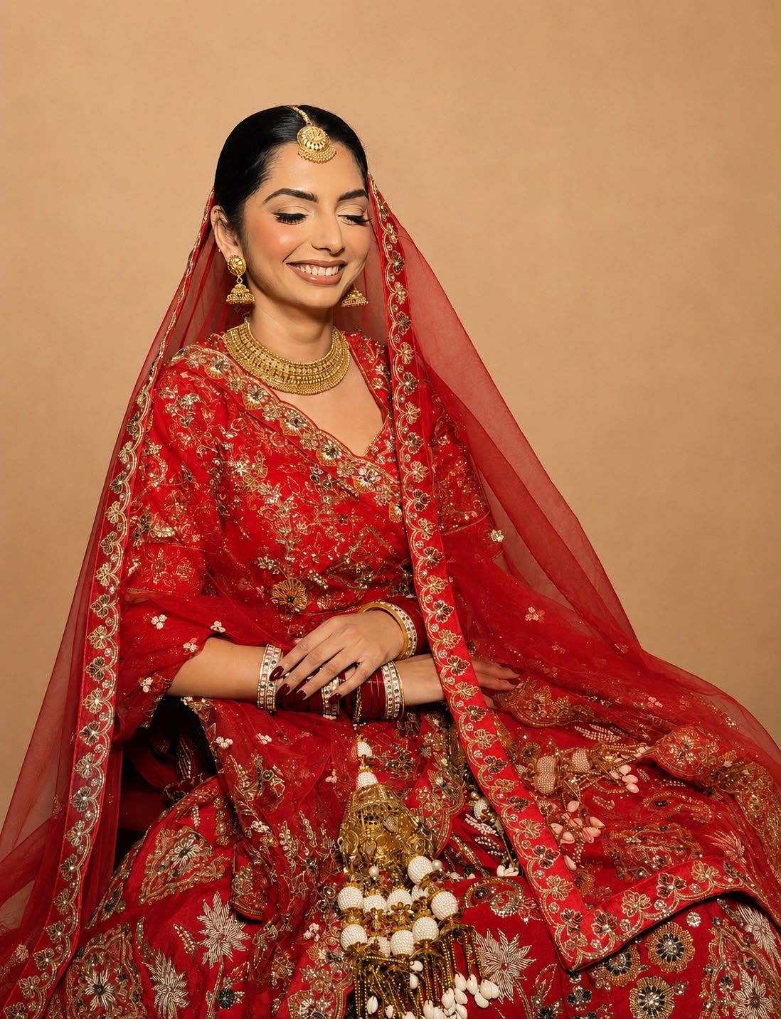 Red bridal with veil and gold jewellery